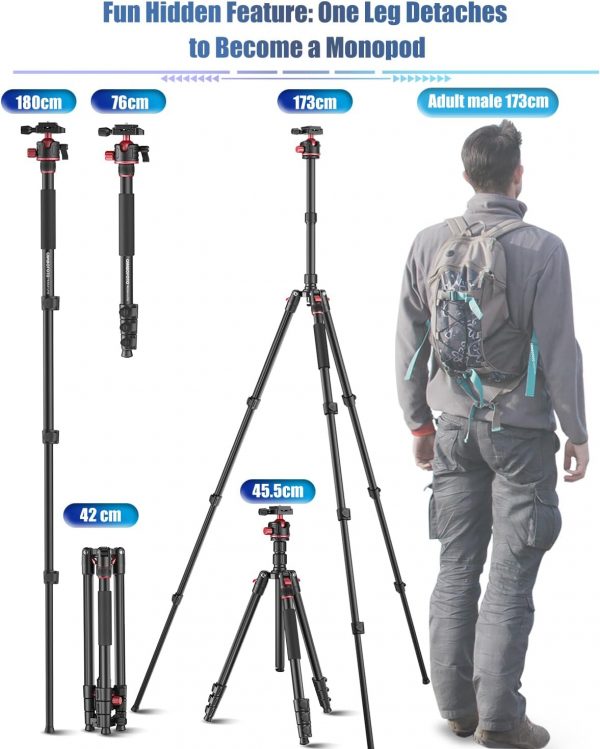 CAMBOFOTO 173cm Professional Camera Photography Tripod, Port... - Image 6