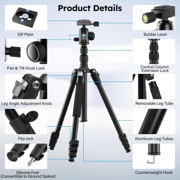 SIRUI Camera Tripod, 78.7" Tall Aluminum Tripod & Monopod St... - Image 9