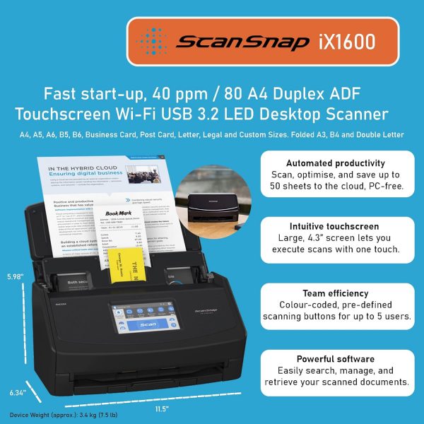 ScanSnap iX1600 Black Document Scanner 5GHz - Desktop, Doubl... - Image 3