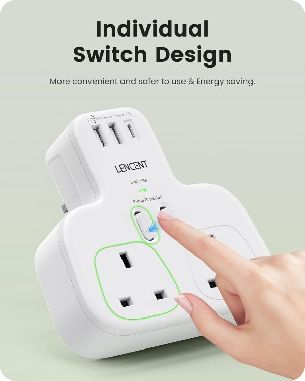 LENCENT Double Plug Adaptor with 1 USB C and 2 USB Ports, Su... - Image 8