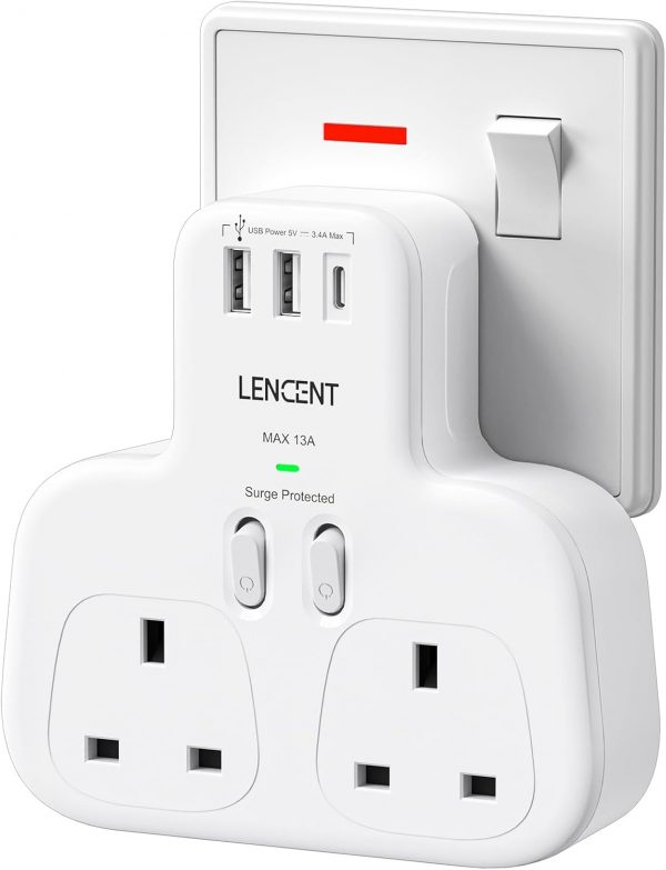 LENCENT Double Plug Adaptor with 1 USB C and 2 USB Ports, Su... - Image 2