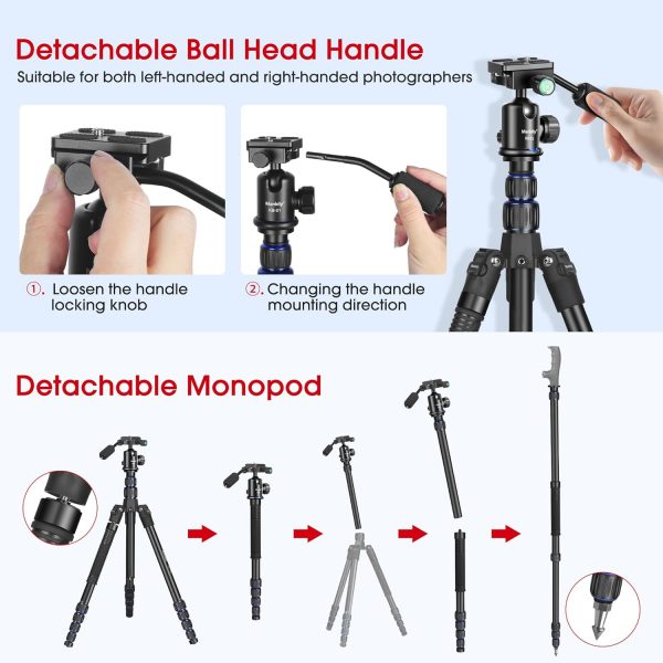 Camera Tripod Manbily 74" Aluminum Travel Tripod Monopod Sta... - Image 4