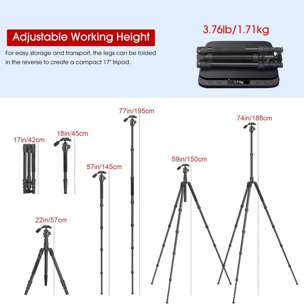 Camera Tripod Manbily 74" Aluminum Travel Tripod Monopod Sta... - Image 6