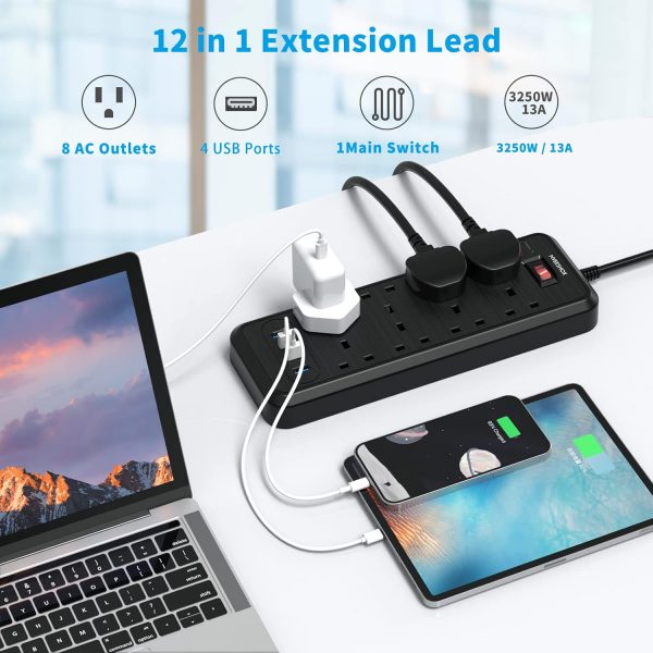 NVEESHOX Extension Lead with 4 USB Slots, 8 Way Multi-Plug w... - Image 3