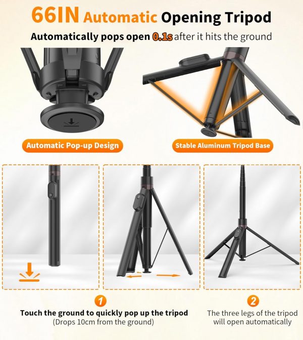 TONEOF 66" Automatic Tripod Selfie Stick, Auto-Open Phone Tr... - Image 3
