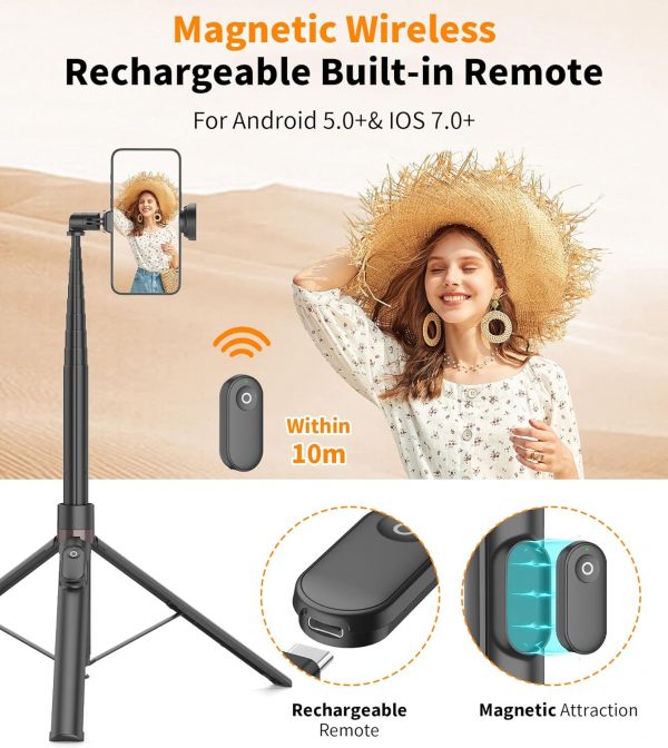 TONEOF 66" Automatic Tripod Selfie Stick, Auto-Open Phone Tr... - Image 6