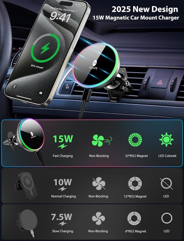 MOKPR for Magsafe Car Mount Charger, 15W Magnetic Wireless C... - Image 4