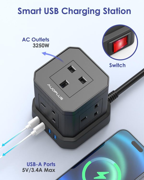 Cube Extension Lead with USB Slots, AUOPLUS 5 Way Power Stri... - Image 6