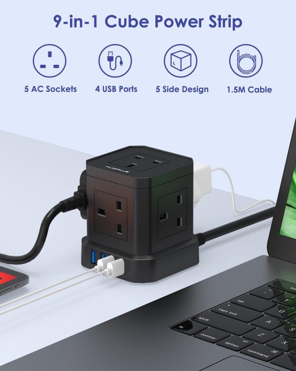 Cube Extension Lead with USB Slots, AUOPLUS 5 Way Power Stri... - Image 3