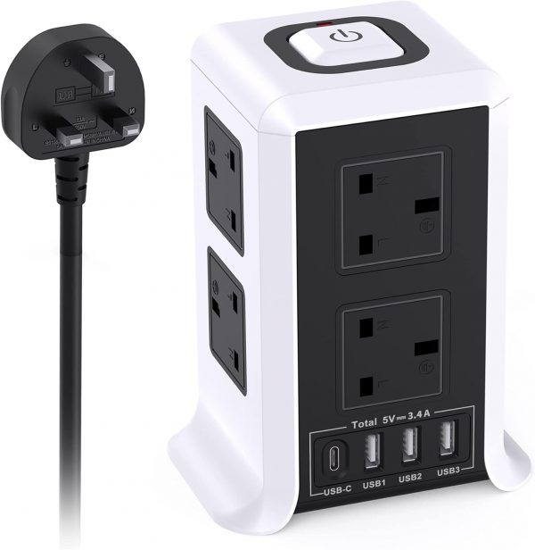 Tower Extension Lead with USB Slots, 8 Way Multi Plug Extens... - Image 2