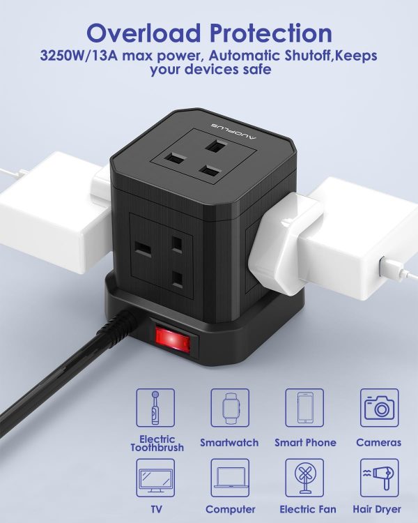 Cube Extension Lead with USB Slots, AUOPLUS 5 Way Power Stri... - Image 5