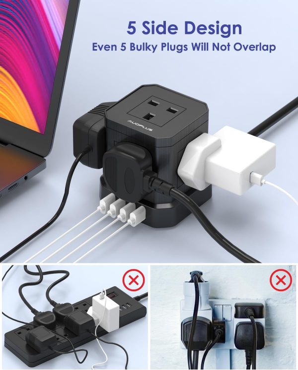 Cube Extension Lead with USB Slots, AUOPLUS 5 Way Power Stri... - Image 4