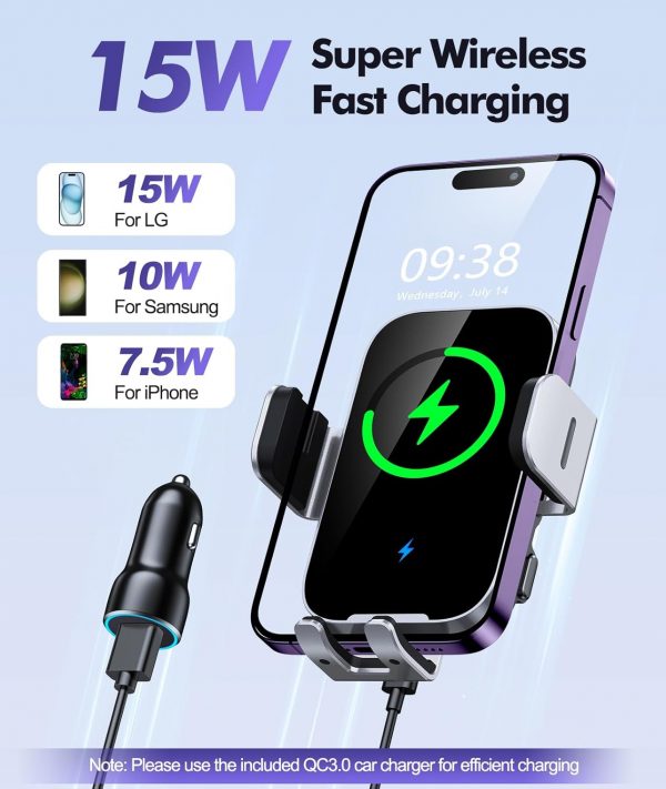 ISEYOU Car Phone Holder Wireless Charger, 15W Fast Charging ... - Image 3