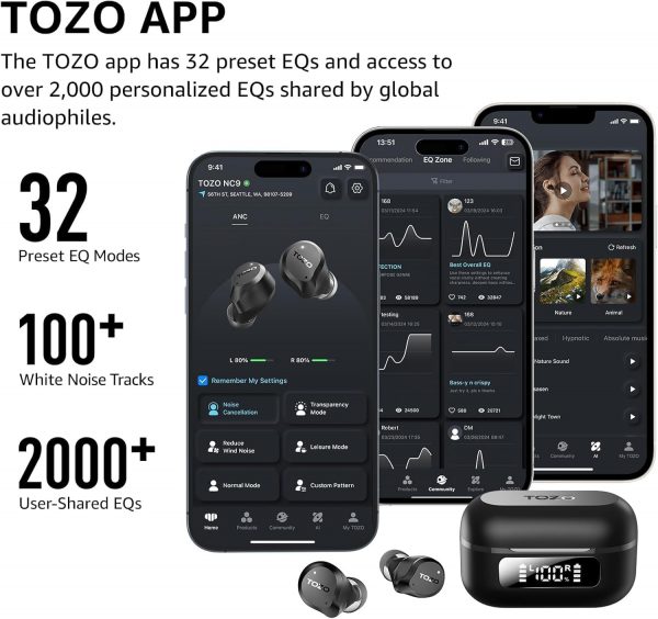 TOZO Hybrid Active Noise Cancelling Earbuds, 45dB ANC Wirele... - Image 3