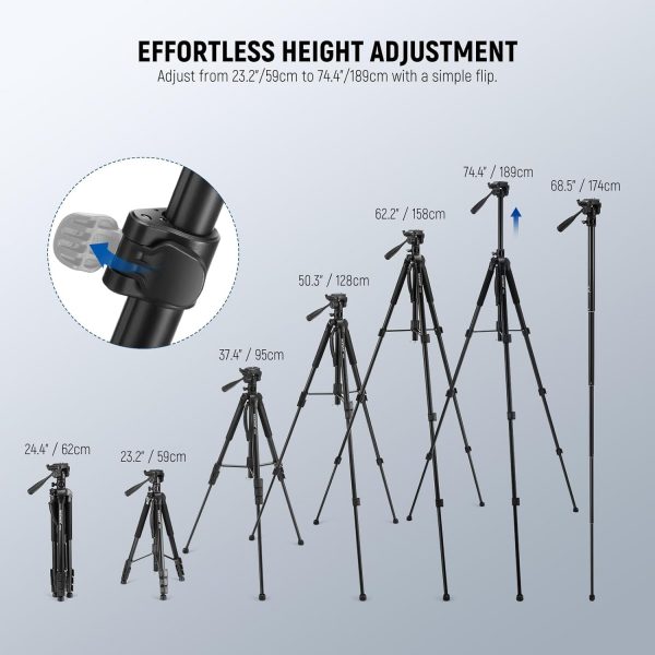 NEEWER Basic 74" Video Tripod Monopod w/ 3 Way Pan Tilt Head... - Image 6