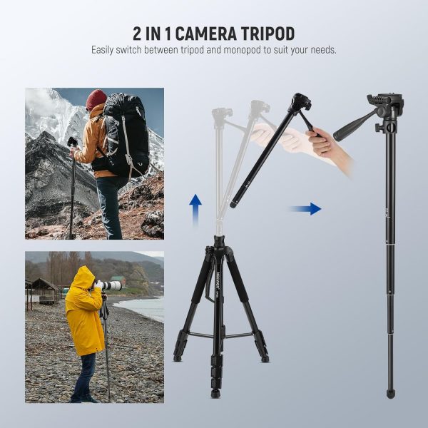NEEWER Basic 74" Video Tripod Monopod w/ 3 Way Pan Tilt Head... - Image 4