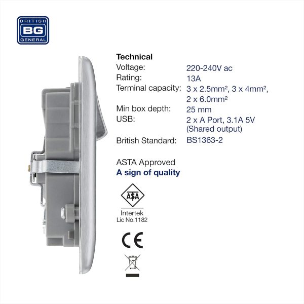 BG Electrical Double Switched Power Wall Plug Socket with Tw... - Image 3