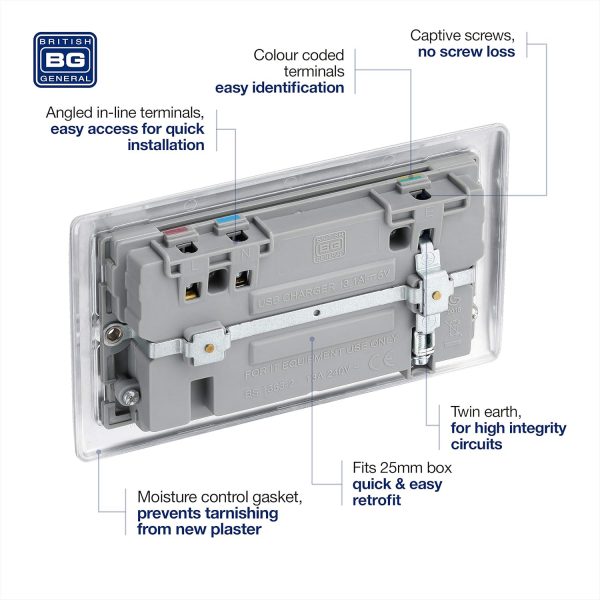 BG Electrical Double Switched Power Wall Plug Socket with Tw... - Image 5