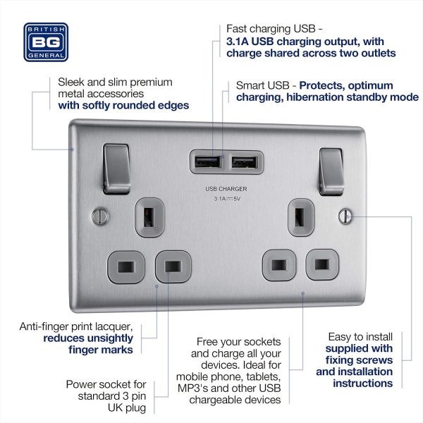 BG Electrical Double Switched Power Wall Plug Socket with Tw... - Image 4