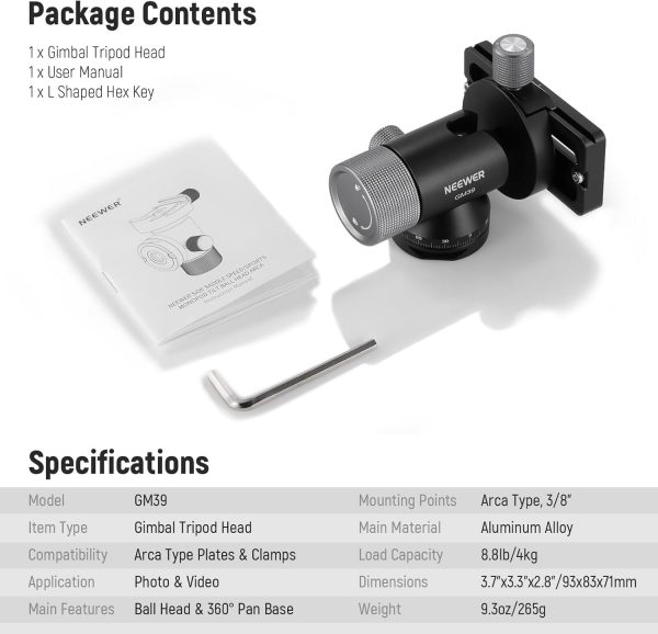 NEEWER Camera Gimbal Tripod Head, 360° Pan 90° Tilt Metal Lo... - Image 9