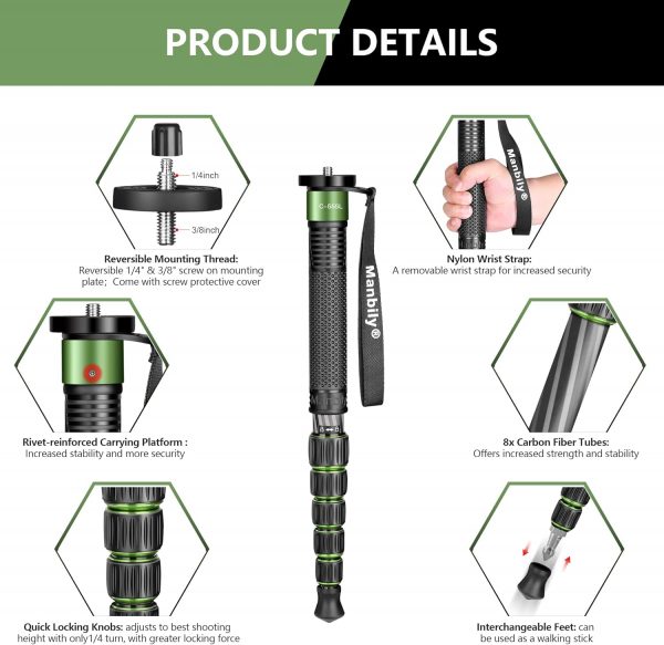 Camera Stand Monopod Manbily Walking Stick Monopods for Came... - Image 5