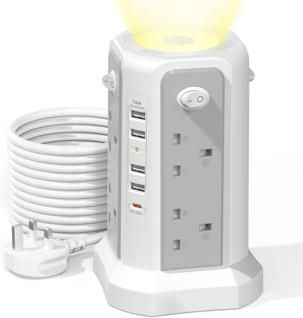Tower Extension Lead 3M and Night Light, 5 USB Ports & 8 Way... - Image 2