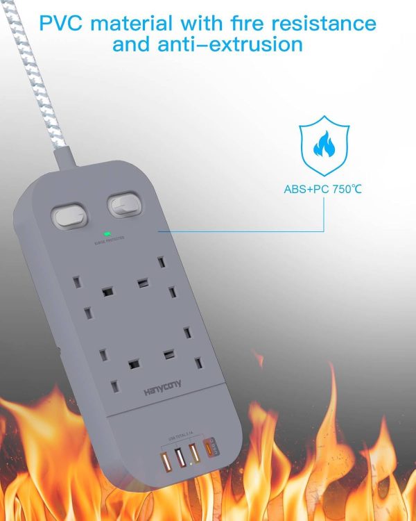 Gray Extension Lead with 4 USB Slots, HANYCONY 3M Extension ... - Image 5