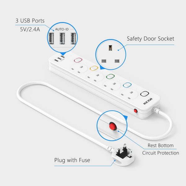Mscien 4M Extension Lead with USB Slots, 4 Way 3 USB Extensi... - Image 3