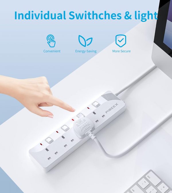 PIBEEX Extension Lead 4 Way Multi Plug Extension Sockets wit... - Image 5
