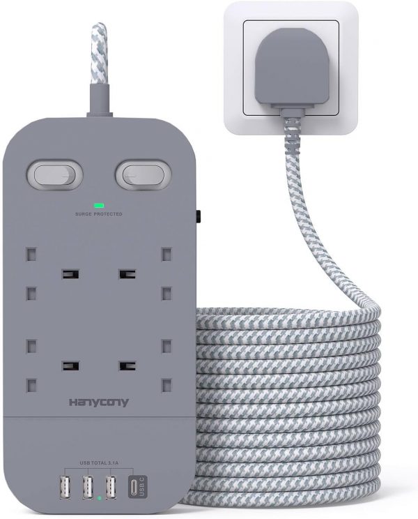 Gray Extension Lead with 4 USB Slots, HANYCONY 3M Extension ... - Image 2