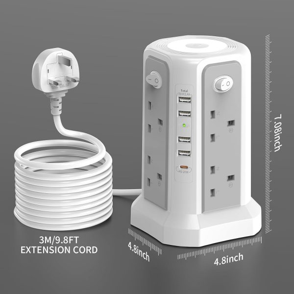 Tower Extension Lead 3M and Night Light, 5 USB Ports & 8 Way... - Image 6