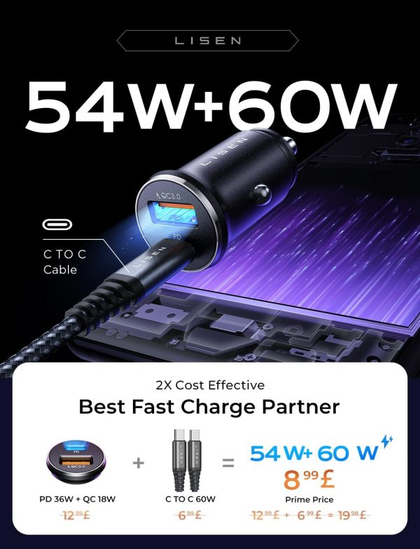 LISEN Car Charger Adapter USB C 54W 12V USB Socket [USBC 36W... - Image 5