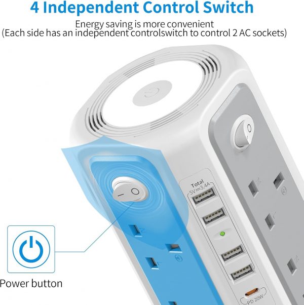 Tower Extension Lead 3M and Night Light, 5 USB Ports & 8 Way... - Image 8