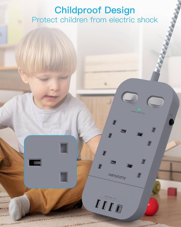 Gray Extension Lead with 4 USB Slots, HANYCONY 3M Extension ... - Image 8