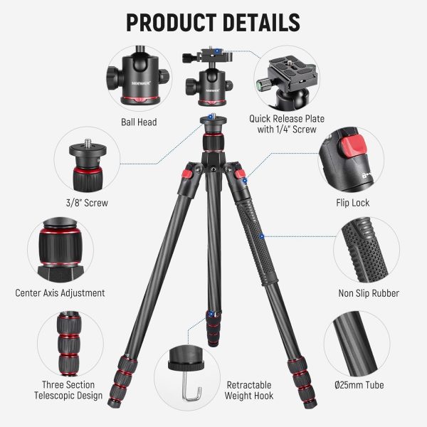 NEEWER 68"/172cm Carbon Fiber Camera Tripod Monopod with Cen... - Image 11
