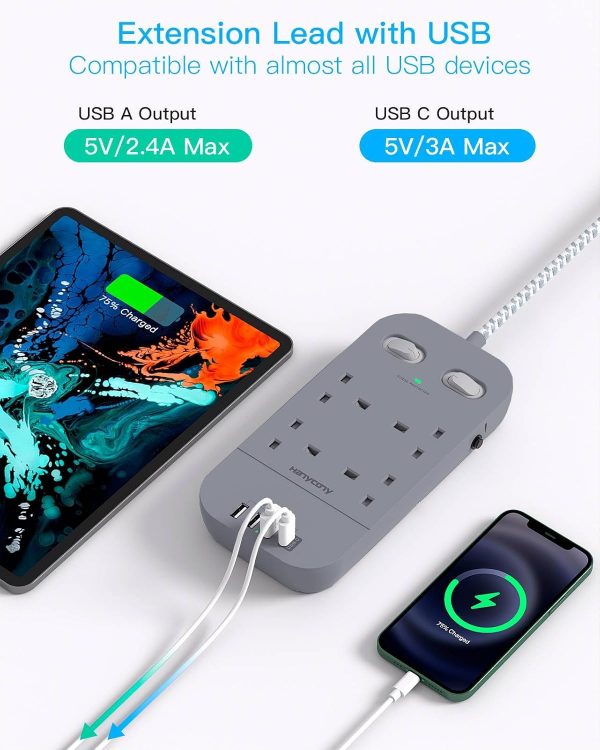 Gray Extension Lead with 4 USB Slots, HANYCONY 3M Extension ... - Image 6