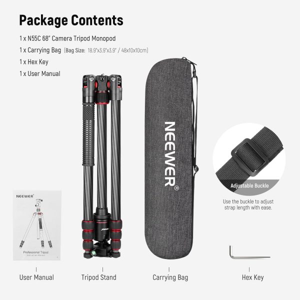 NEEWER 68"/172cm Carbon Fiber Camera Tripod Monopod with Cen... - Image 10