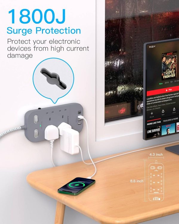 Gray Extension Lead with 4 USB Slots, HANYCONY 3M Extension ... - Image 3