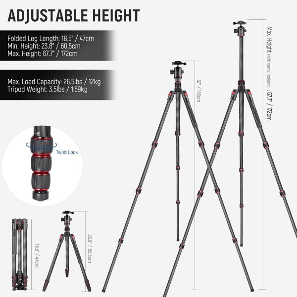 NEEWER 68"/172cm Carbon Fiber Camera Tripod Monopod with Cen... - Image 4