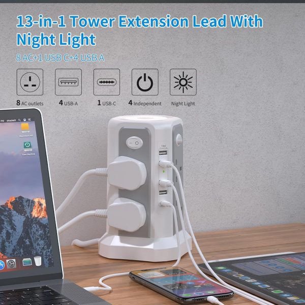 Tower Extension Lead 3M and Night Light, 5 USB Ports & 8 Way... - Image 3