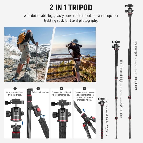 NEEWER 68"/172cm Carbon Fiber Camera Tripod Monopod with Cen... - Image 7