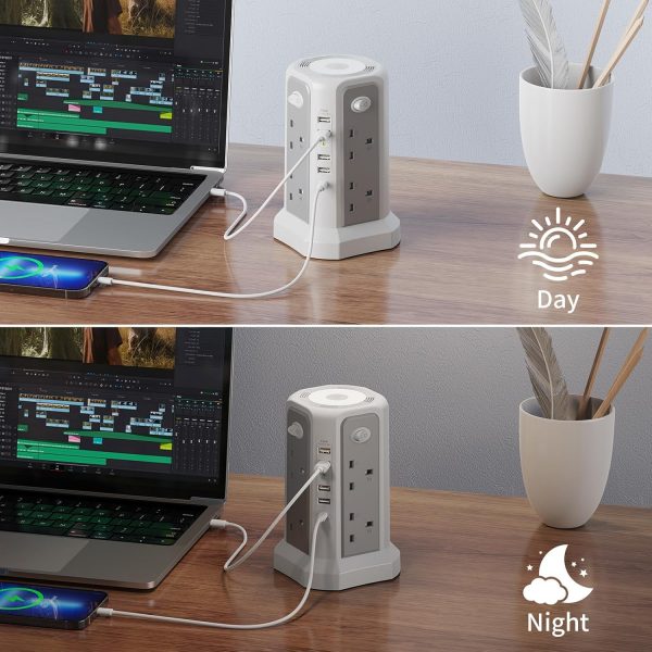 Tower Extension Lead 3M and Night Light, 5 USB Ports & 8 Way... - Image 7