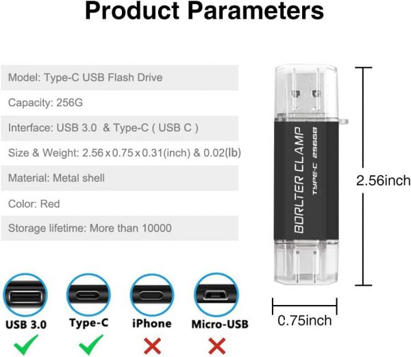 256GB USB 3.0 Type C Flash Drive Dual Port, BorlterClamp USB... - Image 4