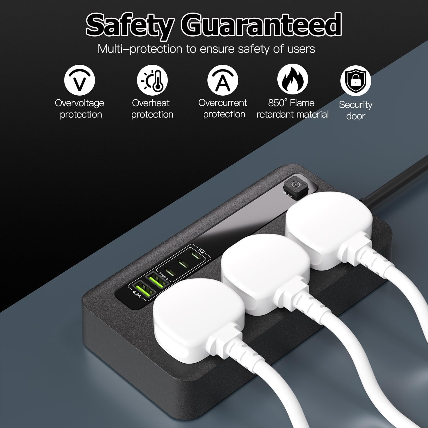 Extension Lead with 2 USB and 3 Type-C Ports, 3 Way Power St... - Image 7