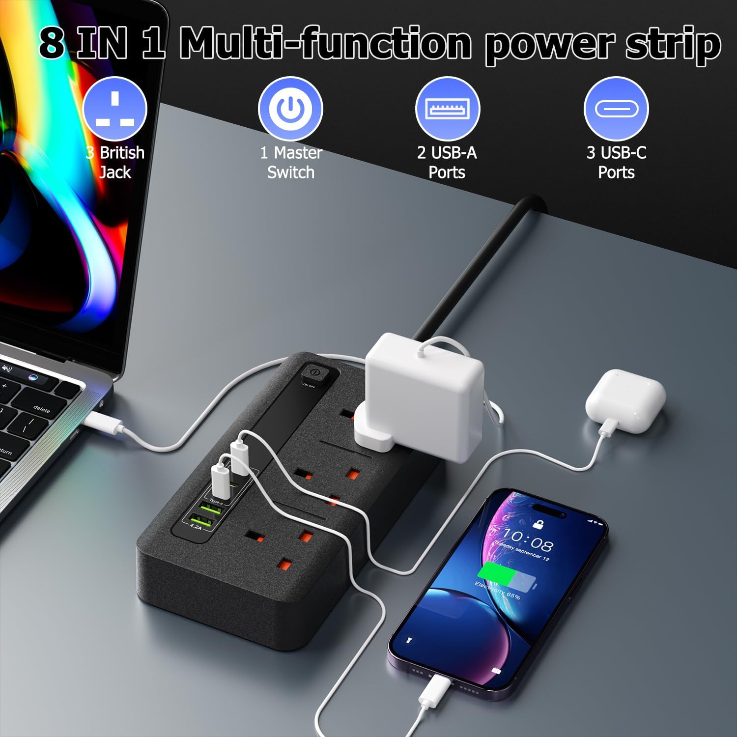 Extension Lead with 2 USB and 3 Type-C Ports, 3 Way Power St... - Image 8