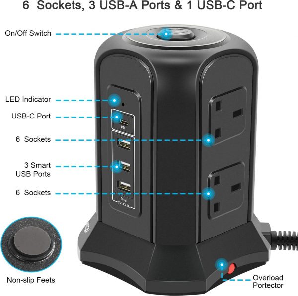 Tower Extension Lead with USB Extension Cord 2Meter, 6 Way M... - Image 3
