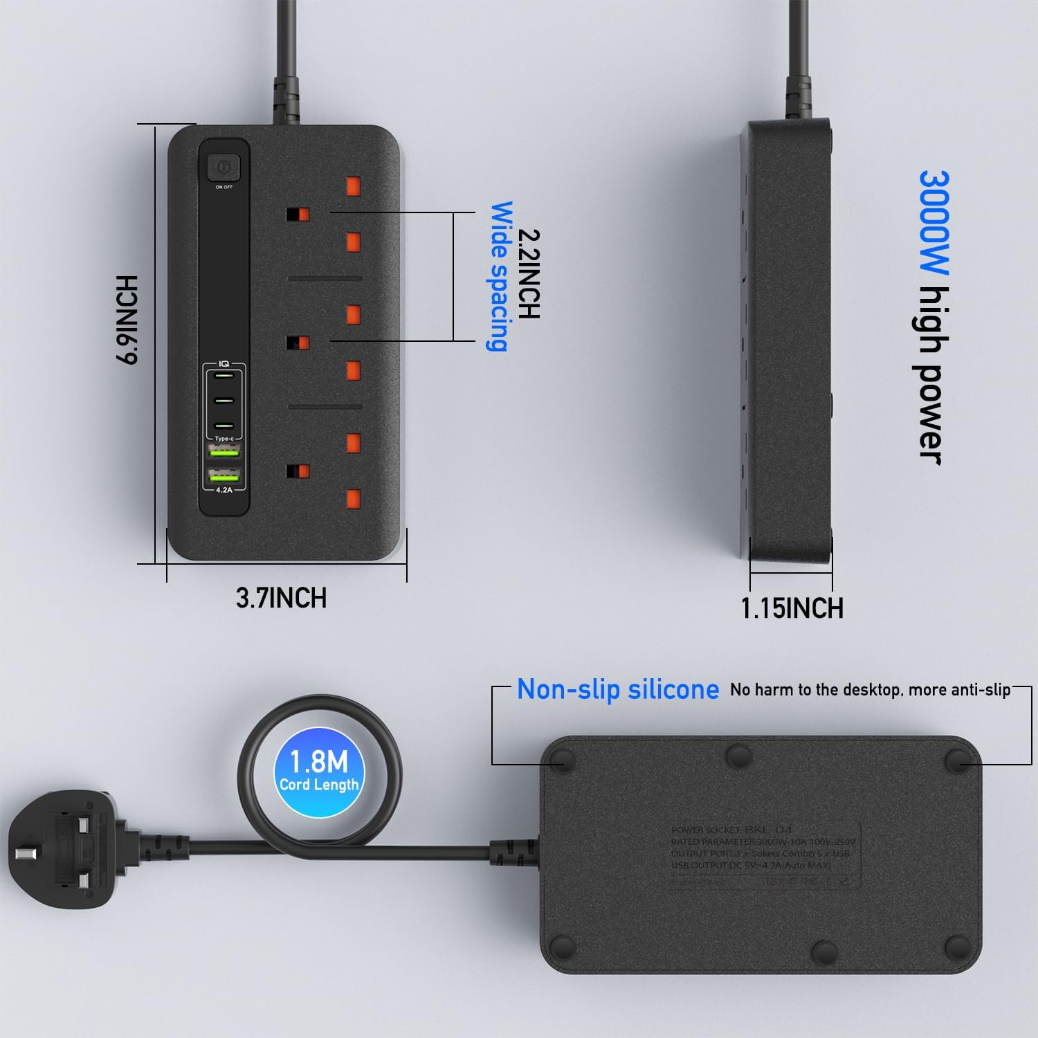 Extension Lead with 2 USB and 3 Type-C Ports, 3 Way Power St... - Image 3
