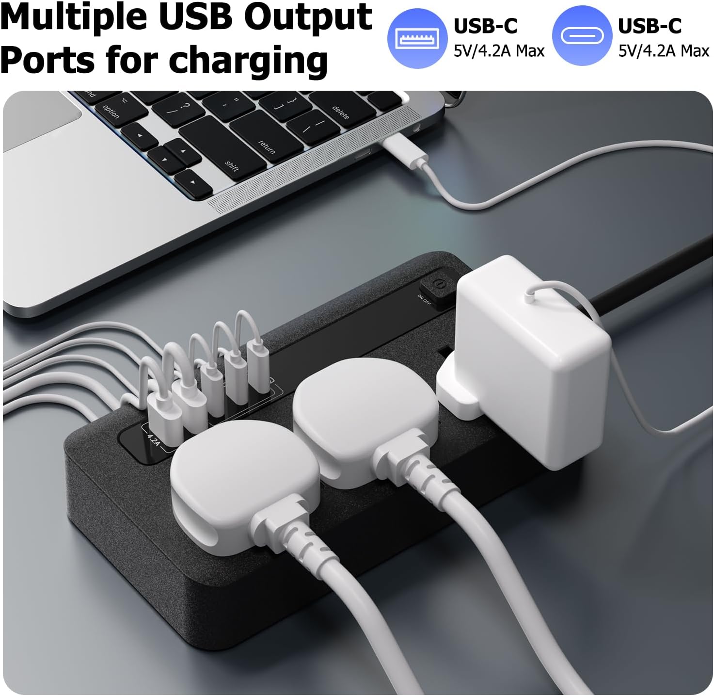 Extension Lead with 2 USB and 3 Type-C Ports, 3 Way Power St... - Image 6