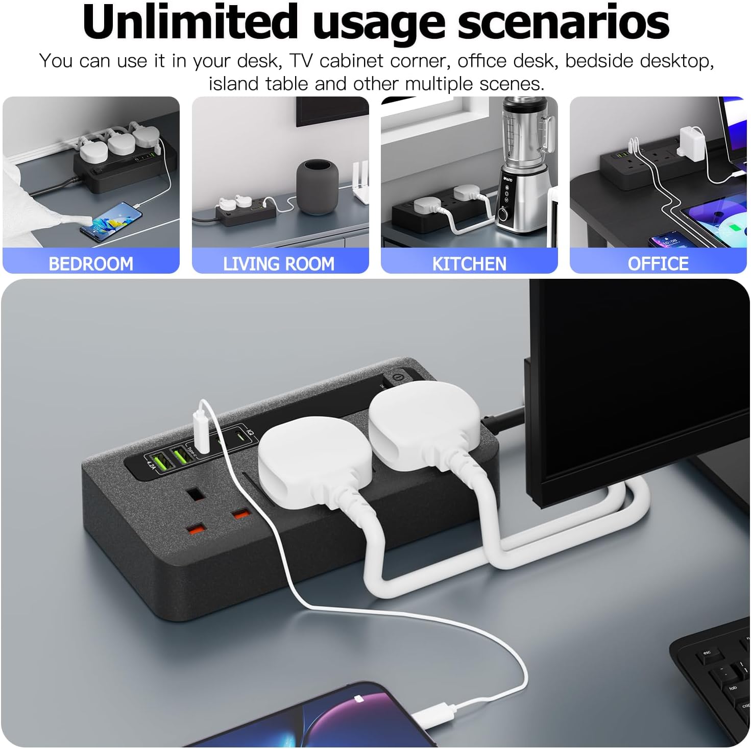 Extension Lead with 2 USB and 3 Type-C Ports, 3 Way Power St... - Image 5