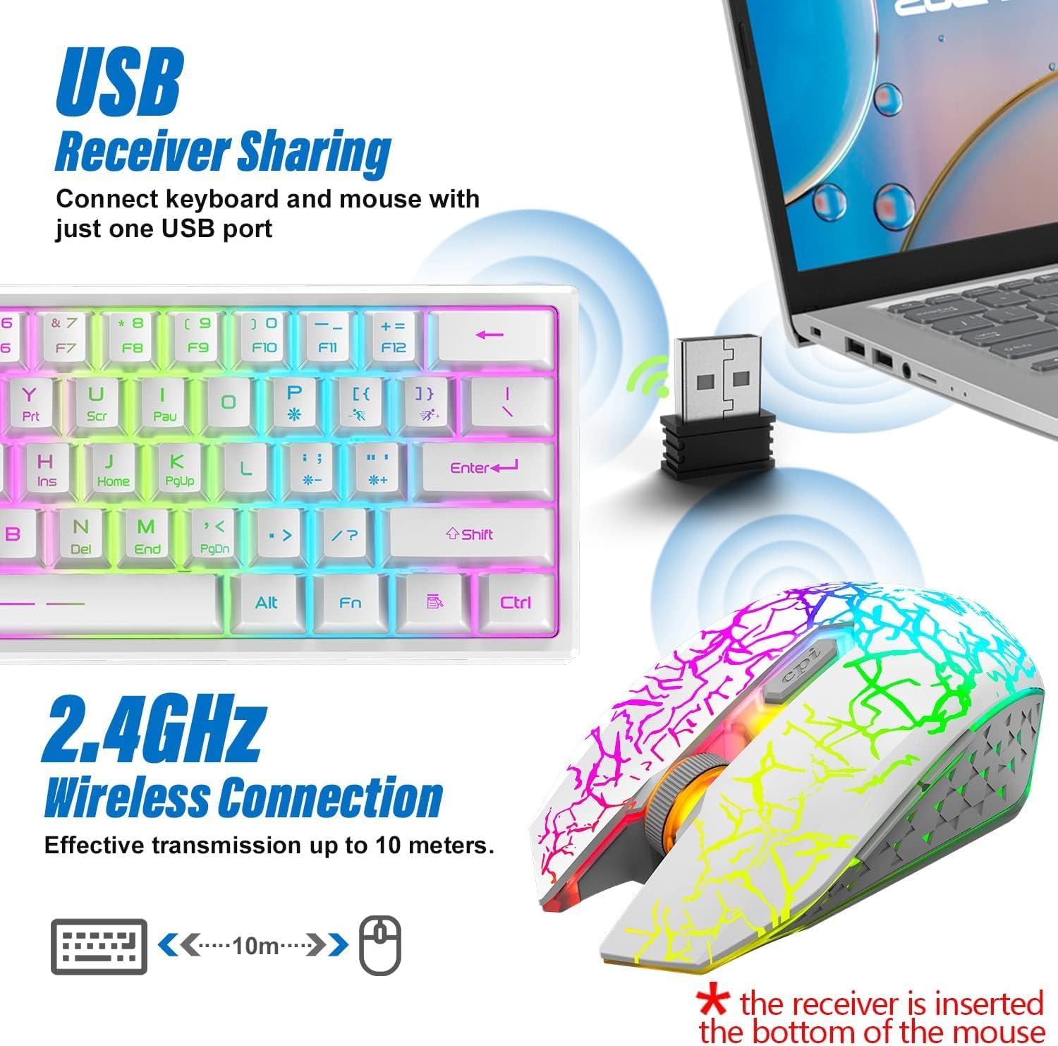 60% Compact wireless gaming keyboard and mouse set, RGB Rain... - Image 3